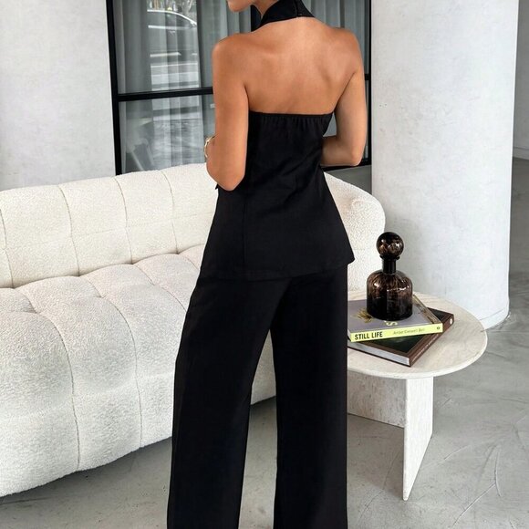 Black Casual Chic Women's Two Piece Top and Pants Office Set - Picture 2 of 7